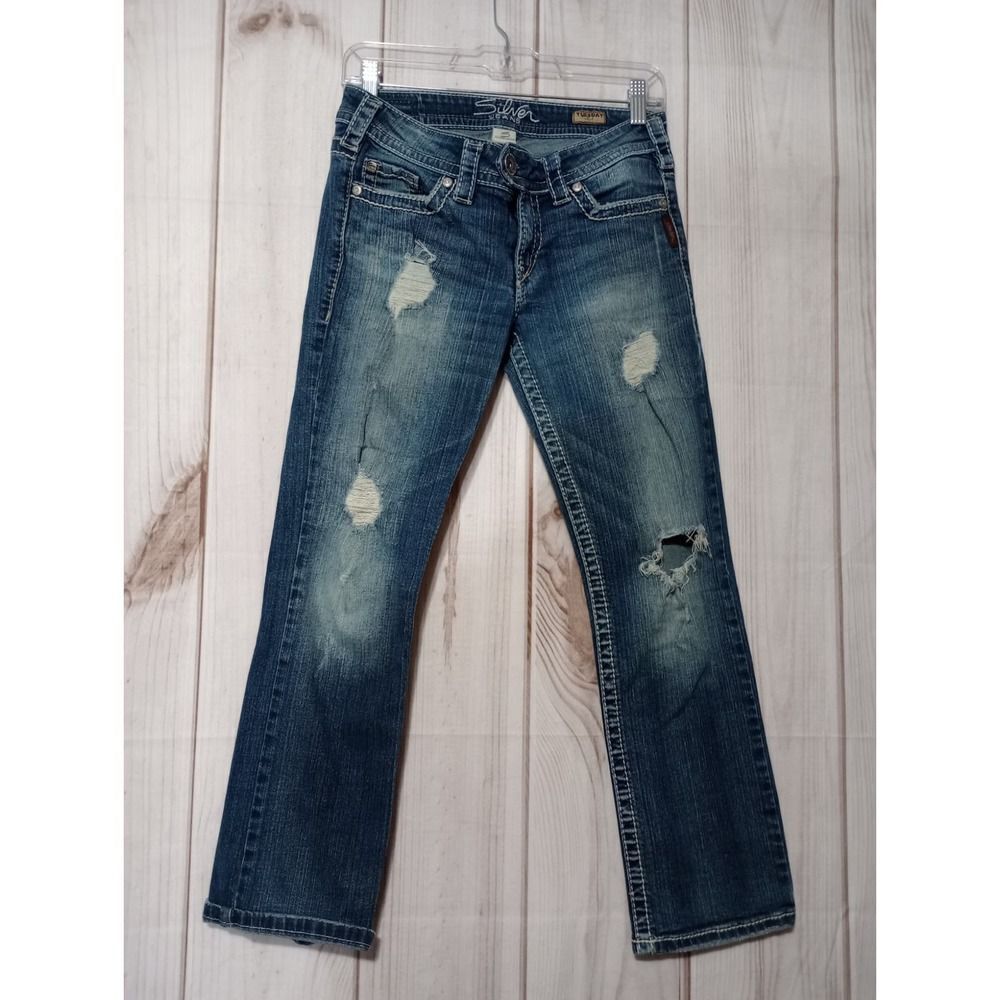 Silver Jeans Tuesday Crop Distressed Straight Leg Denim W28 Blue